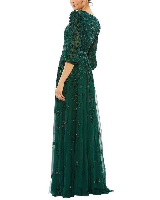Mac Duggal Green Embellished V Neck 3/4 Sleeve A Line Gown