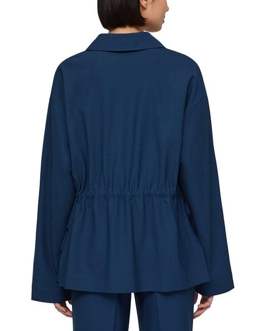 Lafayette 148 New York Blue Gathered Waist Button Front Wool-blend Overshirt