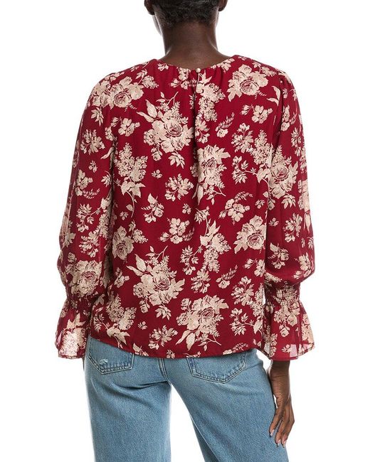 Cece Red Smocked Flounce Sleeve Blouse