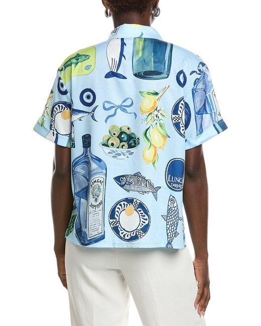 Gracia Blue Printed Button Down Top