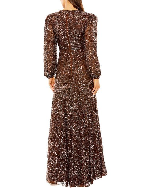 Mac Duggal Brown High Neck Bishop Sleeve Beaded A Line Gown