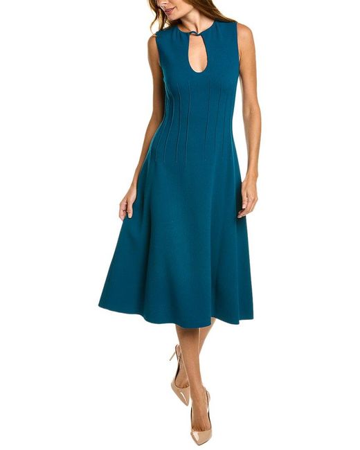 Oscar de la Renta Blue Keyhole Seam Detail Silk-trim Wool-blend Midi Dress