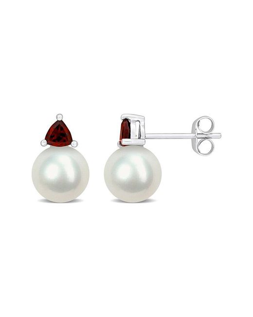 Rina Limor White 10k 0.62 Ct. Tw. Garnet & 8-8.5mmmm Pearl Studs