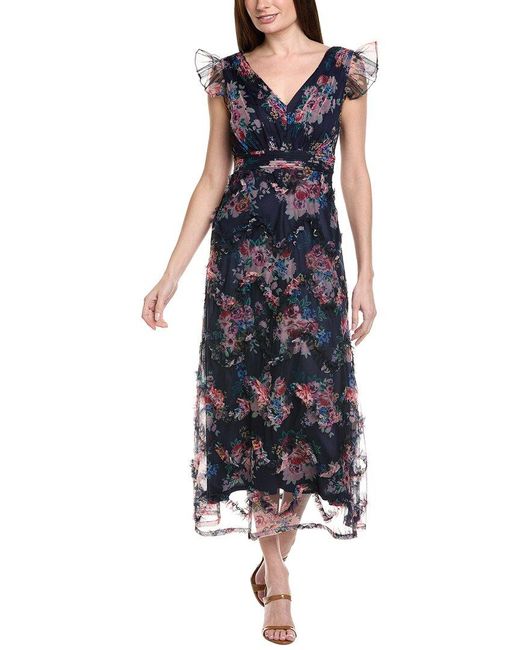 Adrianna Papell Blue Printed Tulle Ankle Dress
