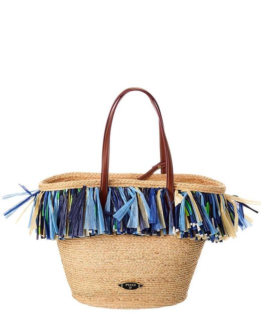Emilio Pucci Blue Straw & Leather Basket Tote Bag