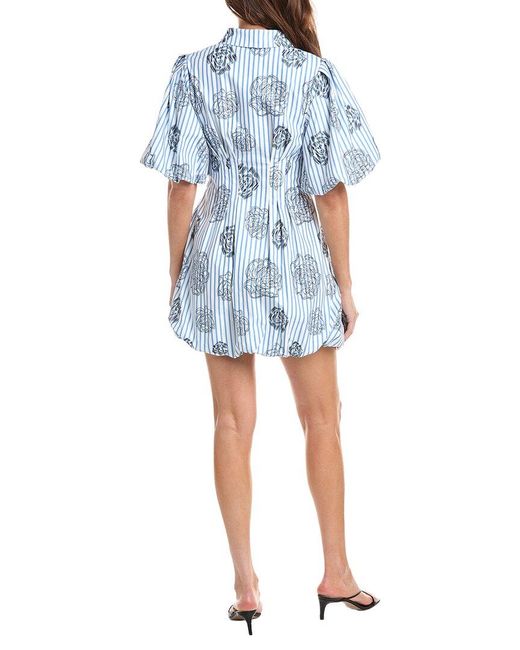 Gracia Blue Striped Puff Sleeve Floral Mini Dress