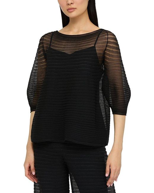 Lafayette 148 New York Black Harmonica Pleat Stitch Raglan Silk Blouse