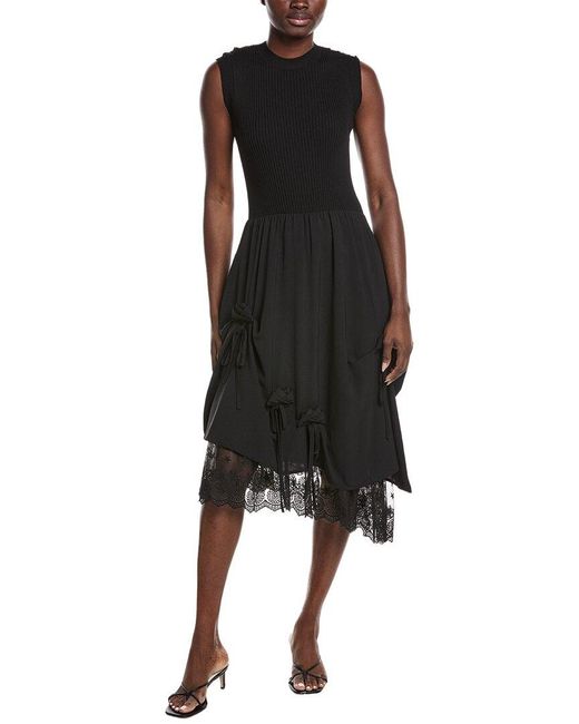 Gracia Black Knit Top Asymmetrical Lace Hem Midi Dress