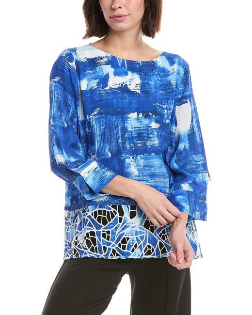 Lemon Grass Blue Printed Eyelet Contrast Blouse