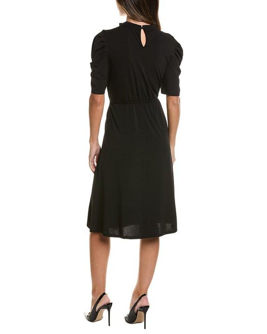 Adrianna Papell Black Moss Crepe Ruffle Neck Midi Dress