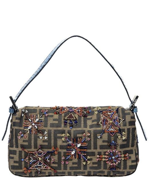 Fendi Metallic Limited Edition & Zucca-Print Canvas Embroidered Beaded Baguette (Authentic Pre-Owned)