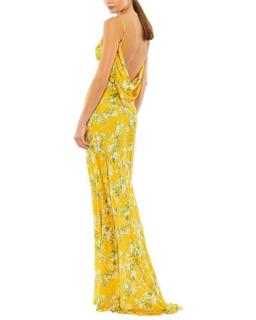 Mac Duggal Yellow Floral Print Sleeveless Trumpet Gown