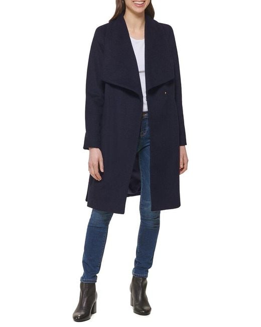 Cole Haan Exaggerated Collar Wool Blend Wrap Coat in Blue Lyst