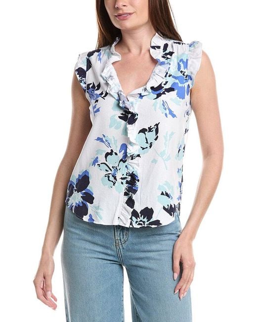 Ellen Tracy Blue Ruffle Linen-Blend Top