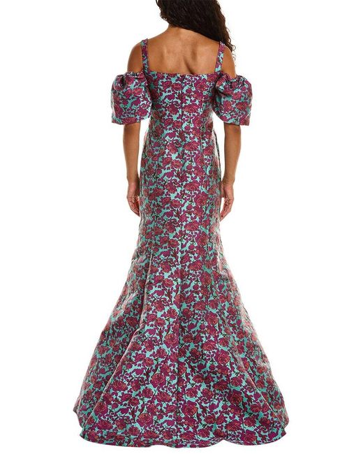 Zac Posen Purple Floral Jacquard Cold-shoulder Sweetheart Gown