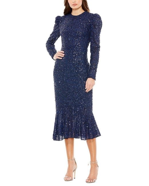 Mac Duggal Blue Sequined High Neck Trumpet Dress