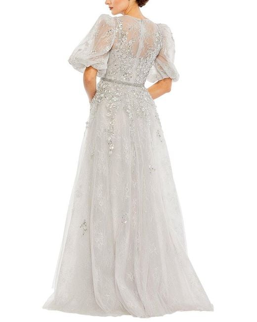 Mac Duggal White Embellished Puff Sleeve A-Line Gown