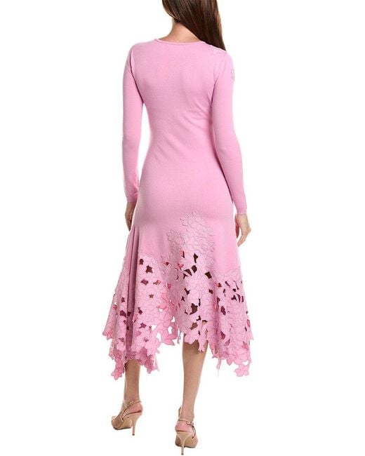 Oscar de la Renta Pink Long Sleeve Lace Hem Drape Knit Maxi Dress