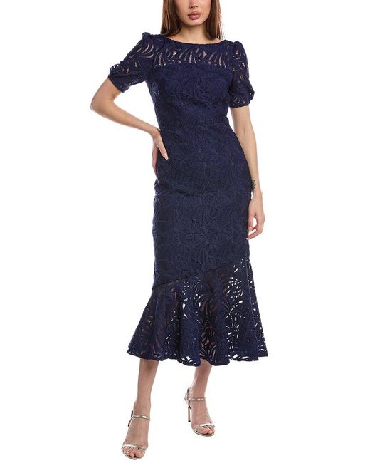 Kay Unger Blue Lace Puff Sleeve Gown
