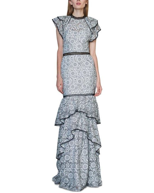 ML Monique Lhuillier Blue Flutter Sleeve Ruffle Tier Gown