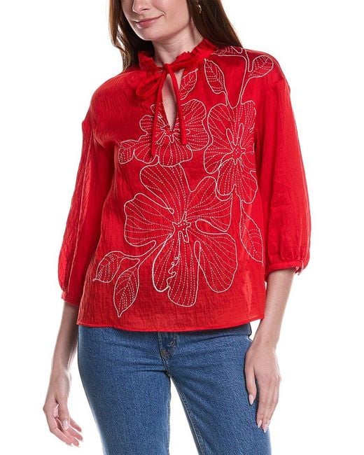 Vince Camuto Red Wide Pleat Collar Oversized Blouse