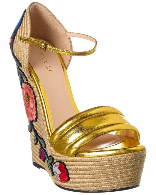 Gucci Metallic Embroidered Leather Wedge Sandal