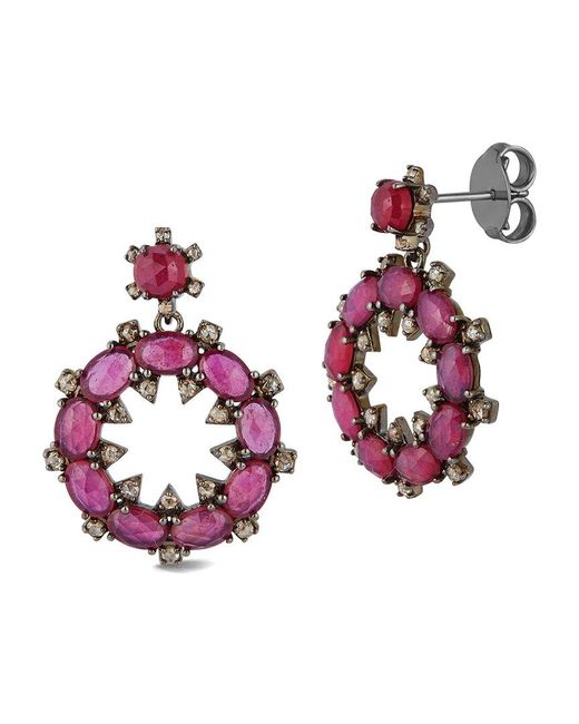 Banji Jewelry Pink Silver 0.98 Ct. Tw. Diamond & Glass Filled Ruby Drop Earrings