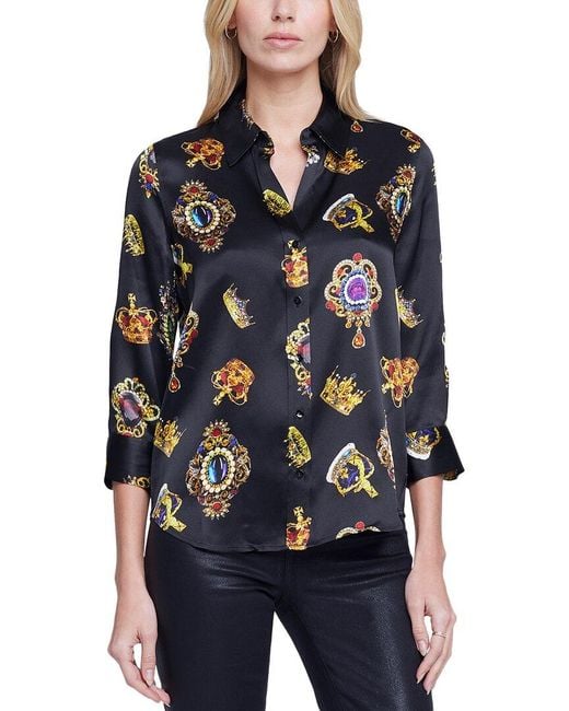L'Agence Blue Dani 3/4-Sleeve Silk Blouse