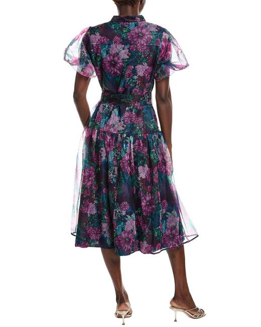 Gracia Blue Puff Sleeve Band Collar Organza Midi Dress