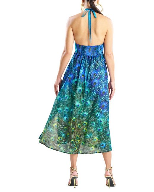 Natori Blue Peacock Cotton Voile Beaded Maxi Dress