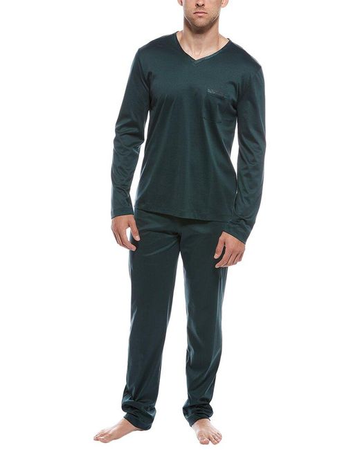 Hanro Blue 2pc Silk-trim Shirt & Pant Pajama Set for men