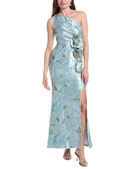 Adrianna Papell Blue Metallic Jacquard Rose Gown