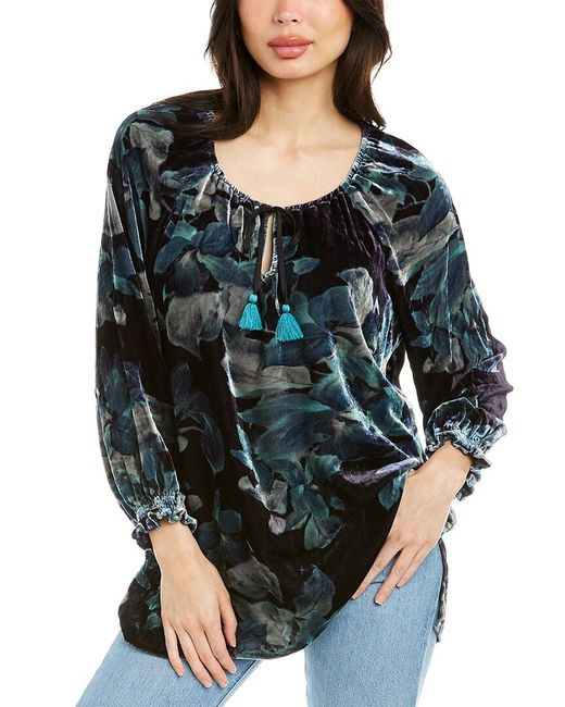 Johnny Was Multicolor Glowing Iris Bishop Sleeve Peasant Silk-blend Blouse
