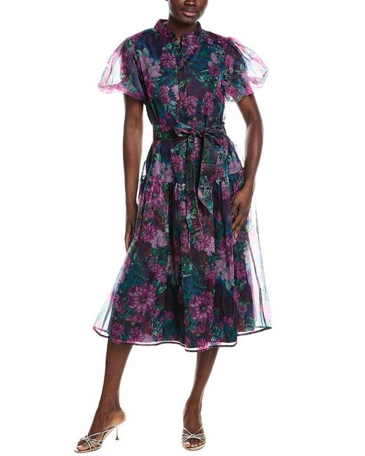 Gracia Blue Puff Sleeve Band Collar Organza Midi Dress