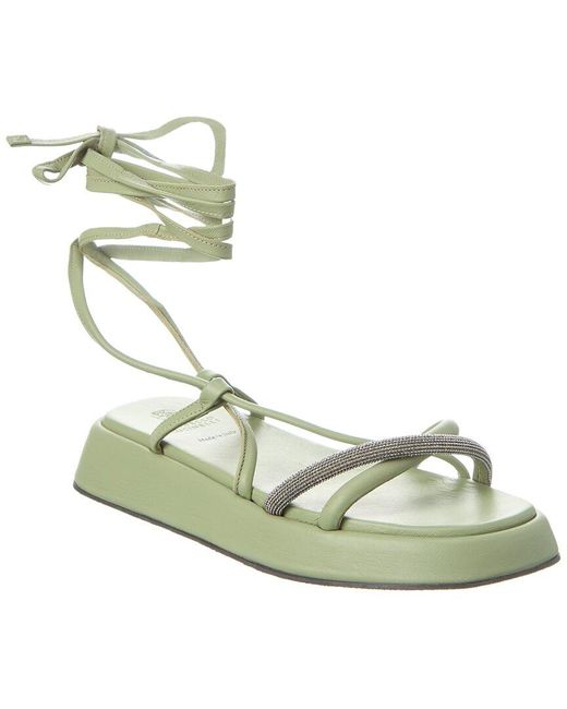 Brunello Cucinelli Green Ankle Wrap Leather Sandal