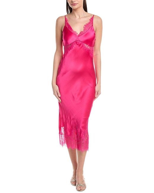 L'Agence Pink Scotly Lace Trim Silk Midi Dress
