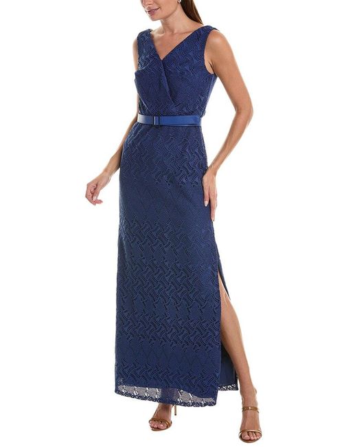 Kay Unger Blue Hendrix Lace Column Gown