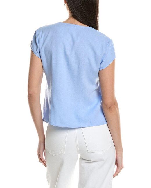 Ellen Tracy Blue Linen-Blend Ruffle Tie Front Top