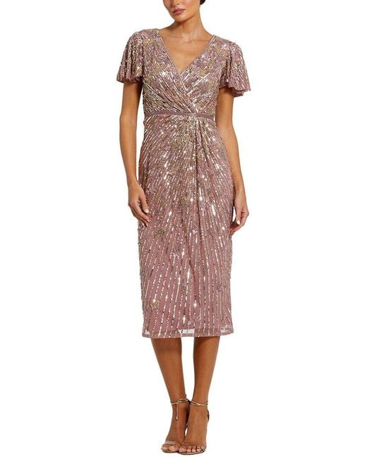 Mac Duggal Red Sequin Mesh V Neck Flutter Sleeve Midi Dress