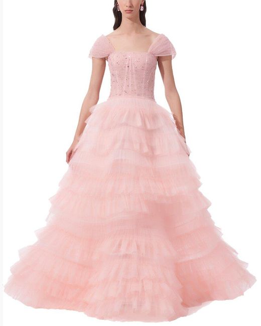 Carolina Herrera Pink Off-Shoulder Pleated Tulle Ruffle Gown