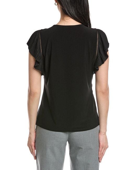 Anne Klein Black Pleated Flutter Sleeve Top