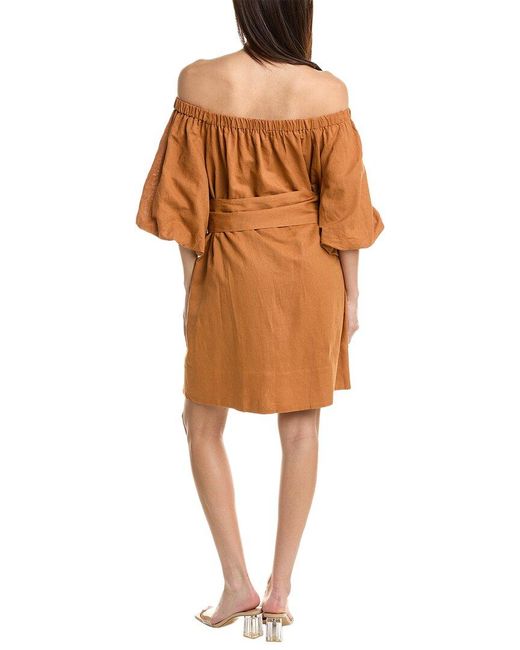 Beulah London Brown Off-the-shoulder Linen-blend Mini Dress