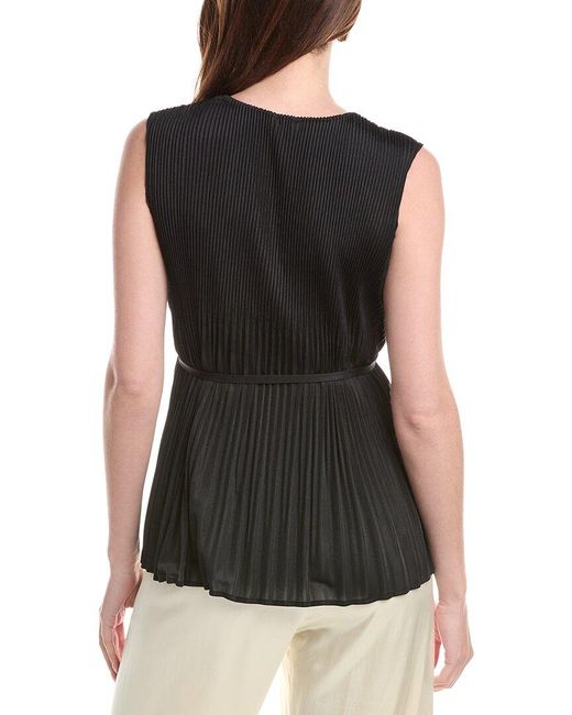 Misook Black V-Neck Tie-Waist Pleated Crepe De Chine Tank Top