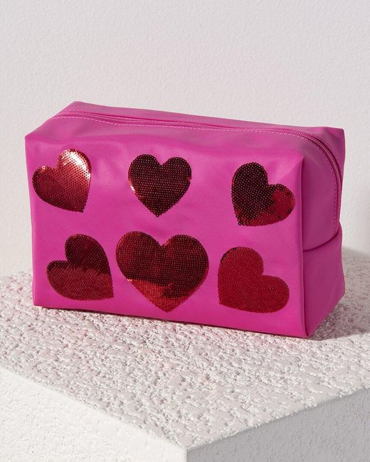 Shiraleah Pink Cara Sequin Hearts Zip Pouch