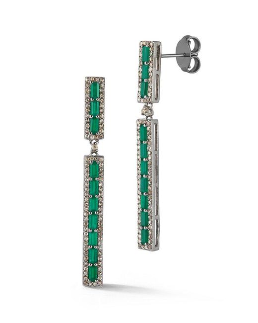 Banji Jewelry White Silver 3.84 Ct. Tw. Diamond & Green Onyx Drop Earrings