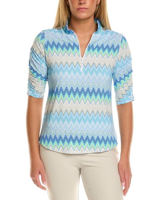 IBKUL Blue Ruched Elbow-Sleeve Polo Top