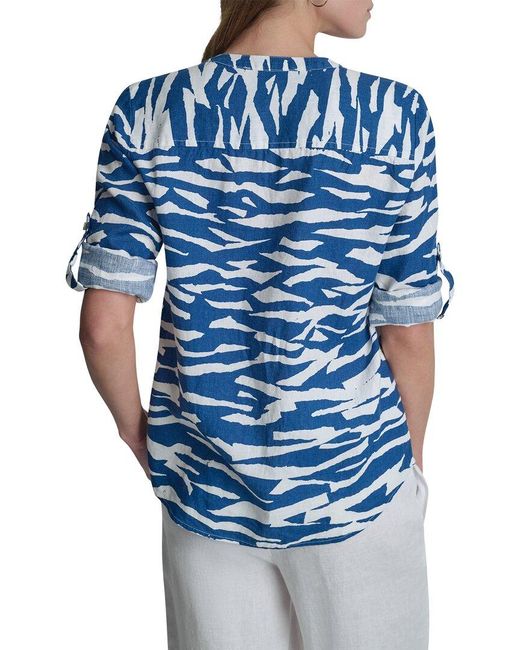 DKNY Blue Printed Linen Roll Tab Shirt