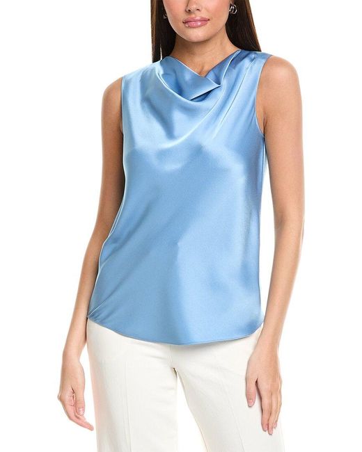 St. John Blue Liquid Satin Cowl Neck Shell