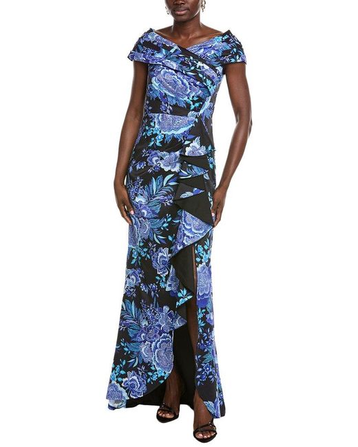 Tadashi Shoji Blue Leticia Floral Waterfall Flounce Gown