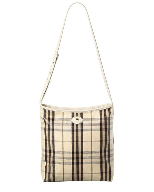 Burberry White Highlands Small Check Canvas & Leather Tote